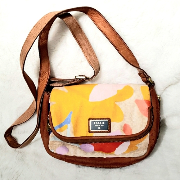 Fossil Preston Flapover Multicolor Floral Canvas Leather Trim Crossbody Bag - Picture 1 of 8